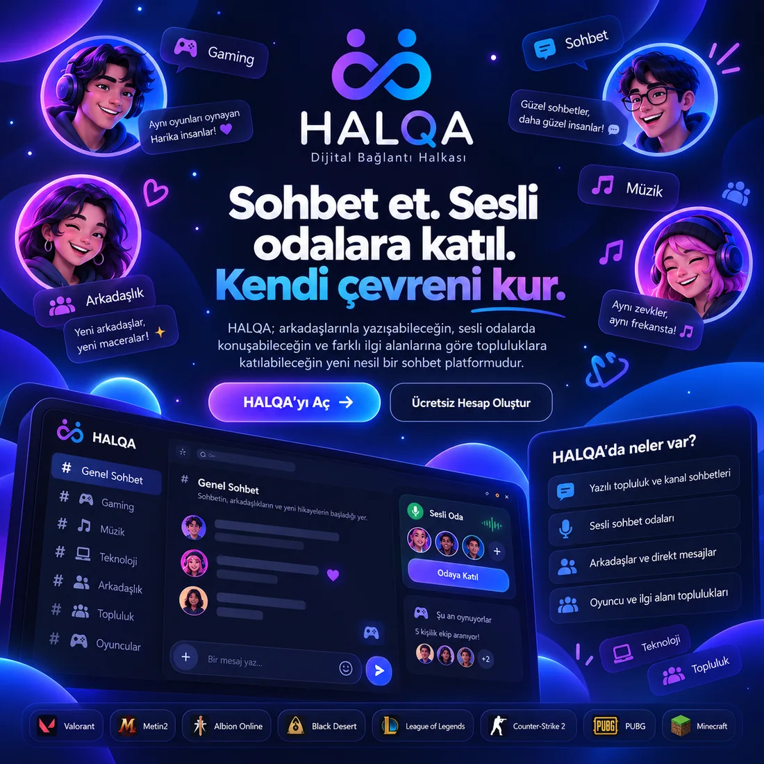 HALQA sohbet, topluluk, arkadaşlık ve oyuncu platformu tanıtım görseli